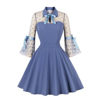Sexy See-through Mesh Patchwork Lapel Tie Collar Flare Sleeve High Waist Swing Dress N22265
