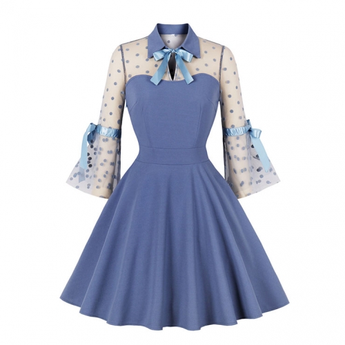 Sexy See-through Mesh Patchwork Lapel Tie Collar Flare Sleeve High Waist Swing Dress N22265