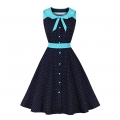 Fashion Polka Dots Tie Collar Sleeveless Front Button High Waist Belted Summer Swing Dress N22261