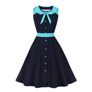 Fashion Polka Dots Tie Collar Sleeveless Front Button High Waist Belted Summer Swing Dress N22261