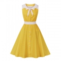 Fashion Polka Dots Tie Collar Sleeveless Front Button High Waist Belted Summer Swing Dress N22259