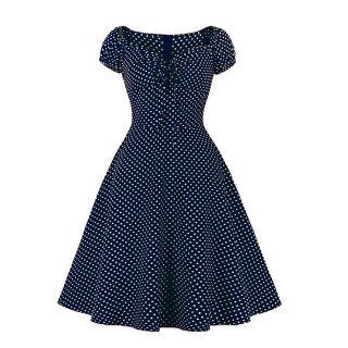 Fashion Polka Dots Print Sweetheart Drawstring Lace-up Short Sleeve High Waist Midi Dress N22258