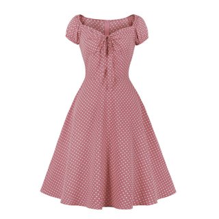 Fashion Polka Dots Print Sweetheart Drawstring Lace-up Short Sleeve High Waist Midi Dress N22257
