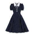 Retro Lapel Lacing Short Sleeve Polka Dots Print Summer Daily A-line Swing Dress N22255