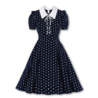 Retro Lapel Lacing Short Sleeve Polka Dots Print Summer Daily A-line Swing Dress N22255