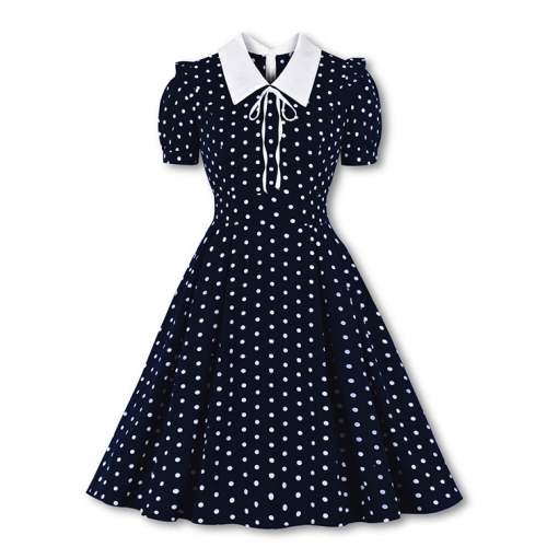 Retro Lapel Lacing Short Sleeve Polka Dots Print Summer Daily A-line Swing Dress N22255