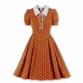 Retro Lapel Lacing Short Sleeve Polka Dots Print Summer Daily A-line Swing Dress N22253