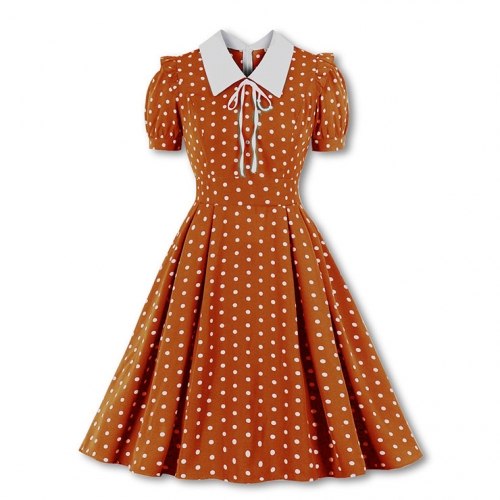 Retro Lapel Lacing Short Sleeve Polka Dots Print Summer Daily A-line Swing Dress N22253
