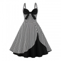 1950s Vintage Houndstooth Sweetheart and Bowknot Bodice Straps Summer Party Swing Dress N22250