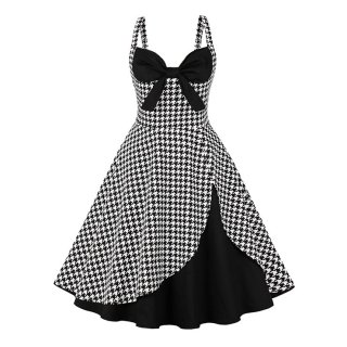 1950s Vintage Houndstooth Sweetheart and Bowknot Bodice Straps Summer Party Swing Dress N22250