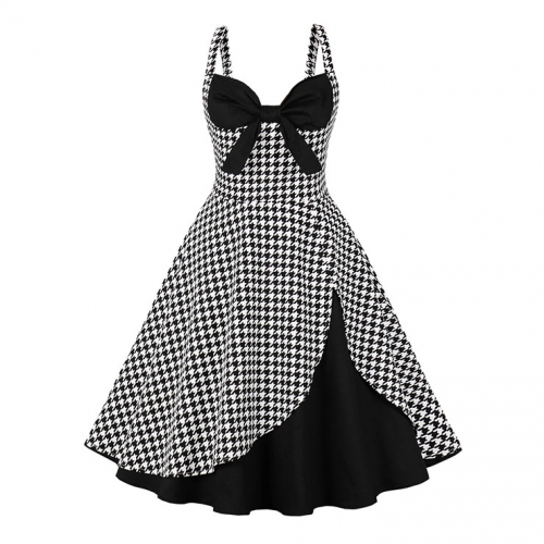 1950s Vintage Houndstooth Sweetheart and Bowknot Bodice Straps Summer Party Swing Dress N22250