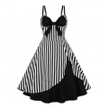 1950s Vintage Striped Sweetheart and Bowknot Bodice Straps Summer Party Swing Dress N22248