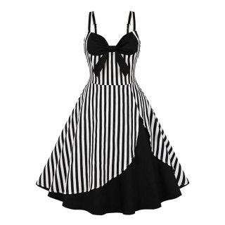 1950s Vintage Striped Sweetheart and Bowknot Bodice Straps Summer Party Swing Dress N22248