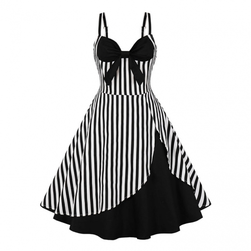 1950s Vintage Striped Sweetheart and Bowknot Bodice Straps Summer Party Swing Dress N22248
