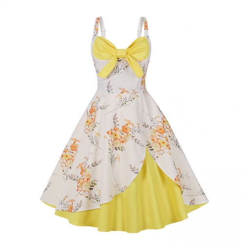 1950s Vintage Sweetheart and Bowknot Bodice Floral Print Straps Cocktail Swing Dress N22242