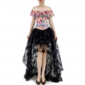Retro Floral Print Off Shoulder Plastic Boned Overbust Corset with Organza High Low Skirt Set N22234