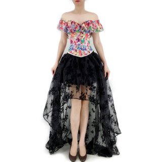 Retro Floral Print Off Shoulder Plastic Boned Overbust Corset with Organza High Low Skirt Set N22234