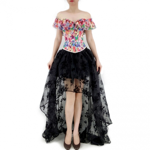 Retro Floral Print Off Shoulder Plastic Boned Overbust Corset with Organza High Low Skirt Set N22234