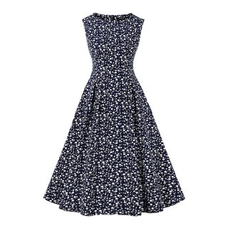 Vintage Floral Print Round Neckline Sleeveless High Waist Summer Cocktail Party Midi Dress N22229