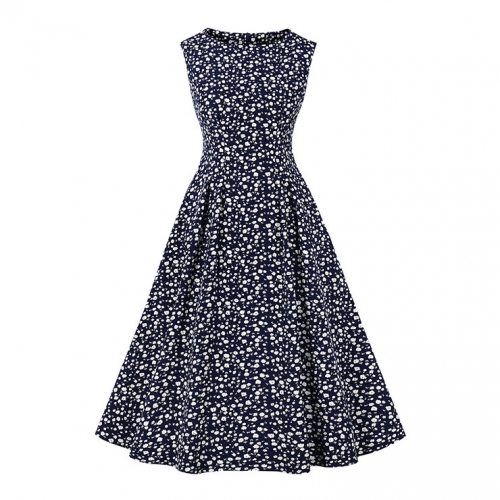 Vintage Floral Print Round Neckline Sleeveless High Waist Summer Cocktail Party Midi Dress N22229