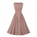 Vintage Floral Print Round Neckline Sleeveless High Waist Summer Cocktail Party Midi Dress N22228