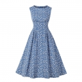 Vintage Floral Print Round Neckline Sleeveless High Waist Summer Cocktail Party Midi Dress N22227