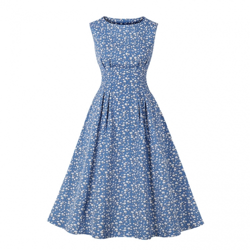 Vintage Floral Print Round Neckline Sleeveless High Waist Summer Cocktail Party Midi Dress N22227