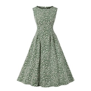 Vintage Leopard Print Round Neckline Sleeveless High Waist Summer Party Midi Dress N22226