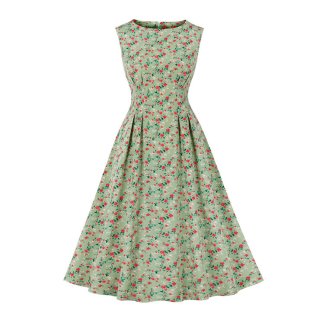 Vintage Floral Print Round Neckline Sleeveless High Waist Summer Party Midi Dress N22225