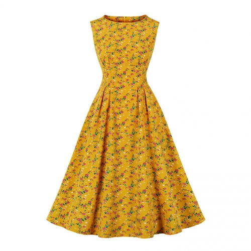 Vintage Floral Print Round Neckline Sleeveless Wide Waistline Cocktail Party Midi Dress N22223