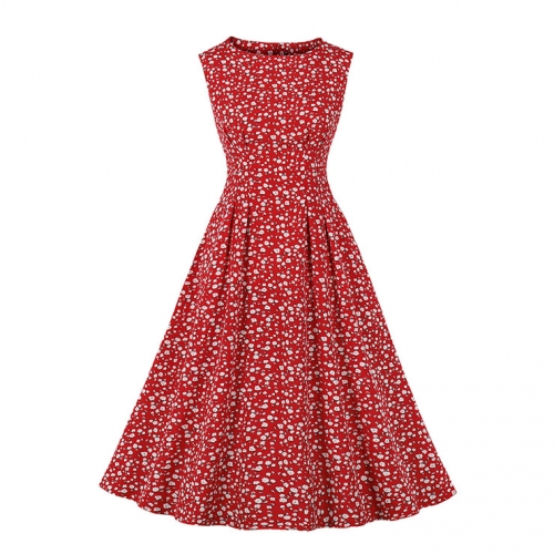 Vintage Floral Print Round Neckline Sleeveless Wide Waistline Cocktail Party Midi Dress N22222