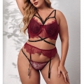 Plus Size Sexy See-through Lace Strappy Bra and Thong High Waist Lingerie with Garters N22219