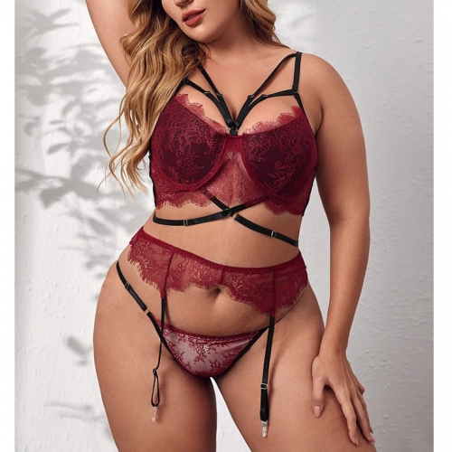 Plus Size Sexy See-through Lace Strappy Bra and Thong High Waist Lingerie with Garters N22219