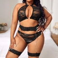 Plus Size Sexy See-through Lace Halter Bra and Thong Lingerie with Garters and Leg Straps N22218