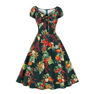 Vintage Floral Print Sweetheart Drawstring Lace-up Short Sleeve High Waist Midi Dress N22204
