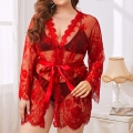 Plus Size Charming See-through Floral Lace Thin Open Robe Nightgown Bathrobe with Sash N22174