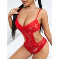 Sexy See-through Lace Spaghetti Straps Cut-out Bodysuit Bowknot Lace-up Teddies Lingerie N22153