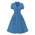 Vintage Solid Color V Neckline Front Button Short Sleeve Wide Waist Summer Daily Swing Dress N22122