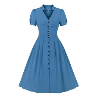 Vintage Solid Color V Neckline Front Button Short Sleeve Wide Waist Summer Daily Swing Dress N22122
