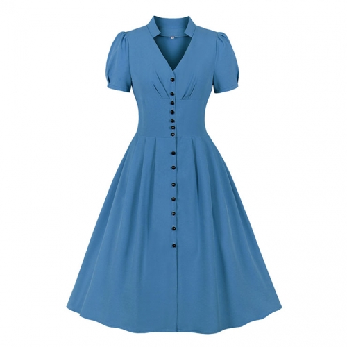 Vintage Solid Color V Neckline Front Button Short Sleeve Wide Waist Summer Daily Swing Dress N22122 Vintage Solid Color V Neckline Front Button Short Sleeve Wide Waist Summer Daily Swing Dress N22122