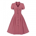 Vintage Solid Color V Neckline Front Button Short Sleeve Wide Waist Summer Daily Swing Dress N22121