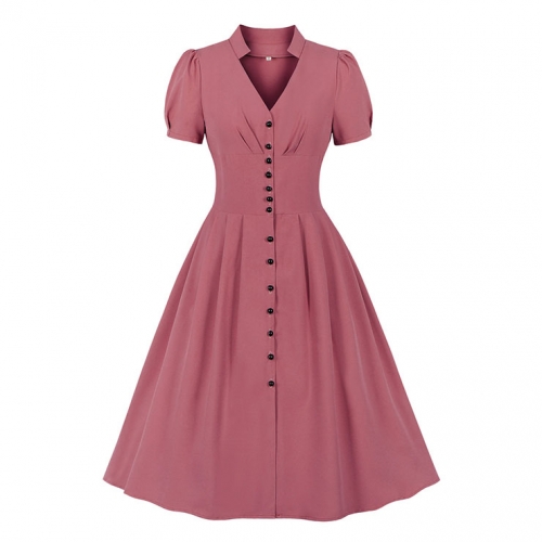 Vintage Solid Color V Neckline Front Button Short Sleeve Wide Waist Summer Daily Swing Dress N22121 Vintage Solid Color V Neckline Front Button Short Sleeve Wide Waist Summer Daily Swing Dress N22121