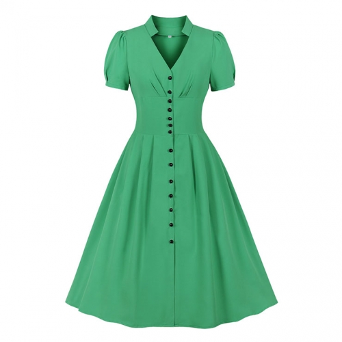 Vintage Solid Color V Neckline Front Button Short Sleeve Wide Waist Summer Daily Swing Dress N22120 Vintage Solid Color V Neckline Front Button Short Sleeve Wide Waist Summer Daily Swing Dress N22120