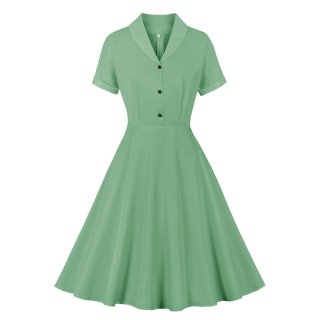 Vintage Solid Color Lapel Button Bodice Short Sleeve High Waist Summer Daily Swing Dress N22119