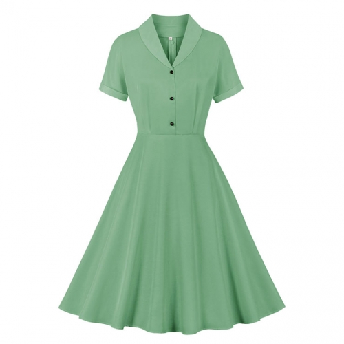 Vintage Solid Color Lapel Button Bodice Short Sleeve High Waist Summer Daily Swing Dress N22119 Vintage Solid Color Lapel Button Bodice Short Sleeve High Waist Summer Daily Swing Dress N22119