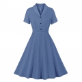 Vintage Solid Color Lapel Button Bodice Short Sleeve High Waist Summer Daily Swing Dress N22118