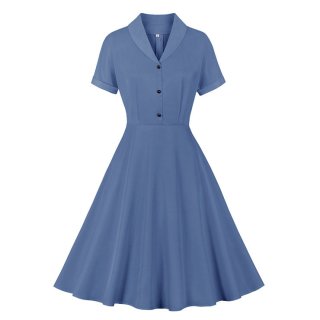 Vintage Solid Color Lapel Button Bodice Short Sleeve High Waist Summer Daily Swing Dress N22118