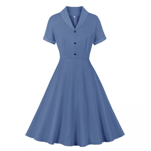 Vintage Solid Color Lapel Button Bodice Short Sleeve High Waist Summer Daily Swing Dress N22118 Vintage Solid Color Lapel Button Bodice Short Sleeve High Waist Summer Daily Swing Dress N22118