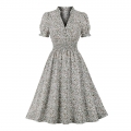 Retro Floral Print V Neckline Puff Sleeve Elastic Waist Rockabilly Cocktail Party Swing Dress N22110