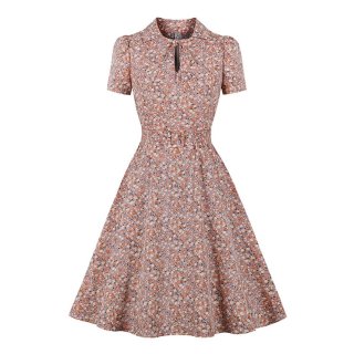 Retro Floral Print Lapel Tie Collar Short Sleeve High Waist Rockabilly Daily Swing Dress N22109